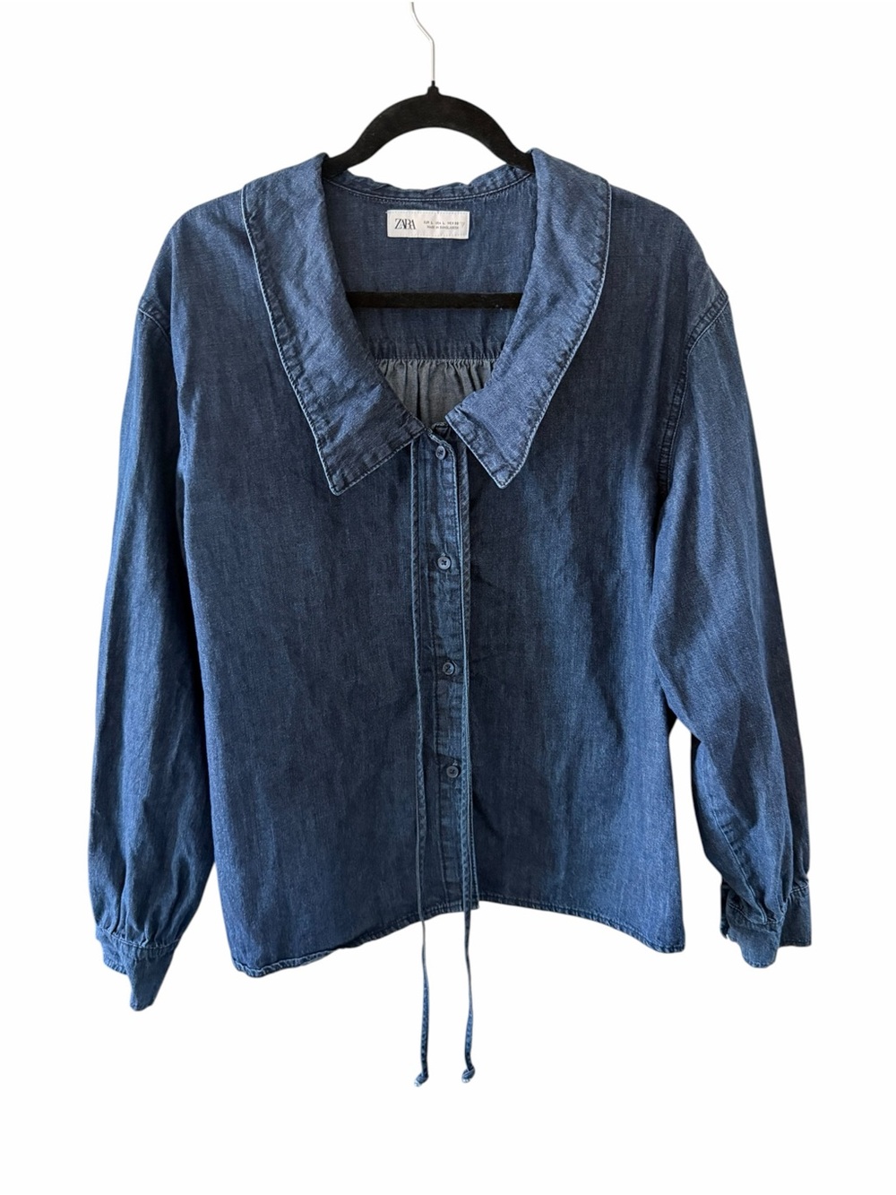Zara Blue Denim Button-Down Shirt with Drawstring Hem